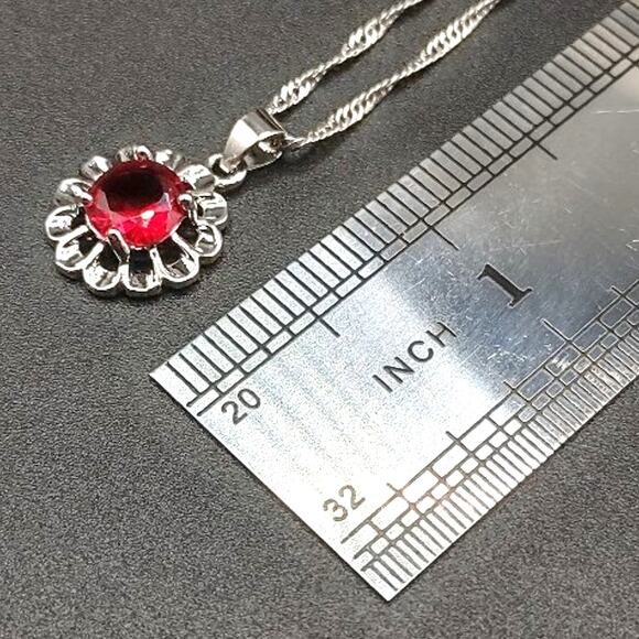 925 Silver Red Flower necklace Lab Ruby Summer BOHO Birthday VTG Fashion Gift - Picture 5 of 6